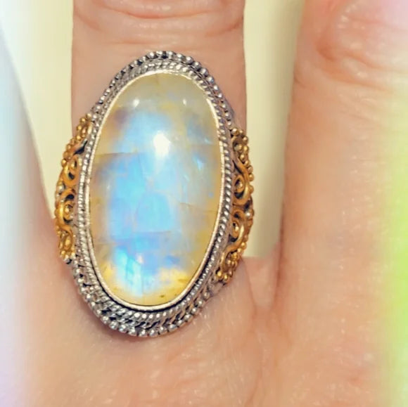 Yellow Custom Made Rainbow Moonstone Solid Sterling Gemstone Ring