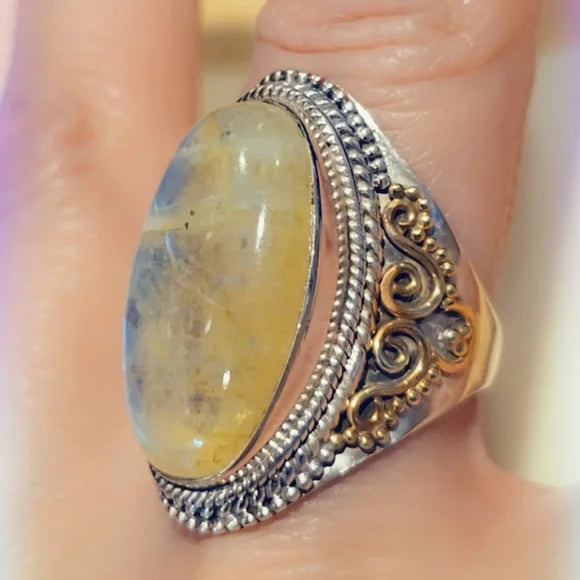 Yellow Custom Made Rainbow Moonstone Solid Sterling Gemstone Ring