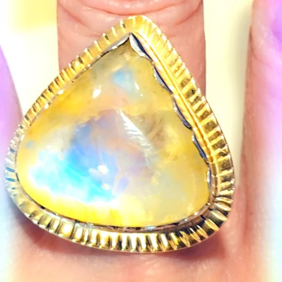 Custom Made Rainbow Moonstone Solid Sterling Gemstone Ring