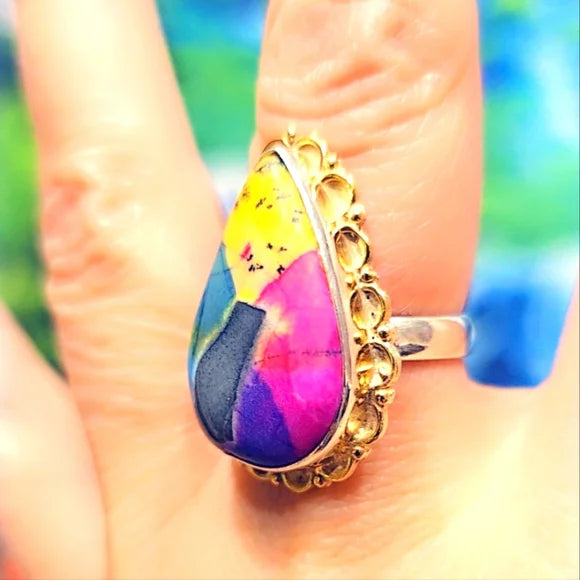 Custom Dyed Dendretic Rainbow Solid Sterling Gemstone Ring