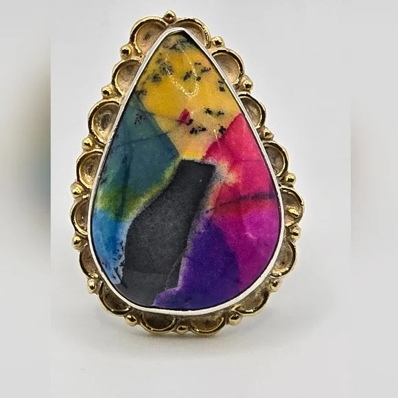 Custom Dyed Dendretic Rainbow Solid Sterling Gemstone Ring