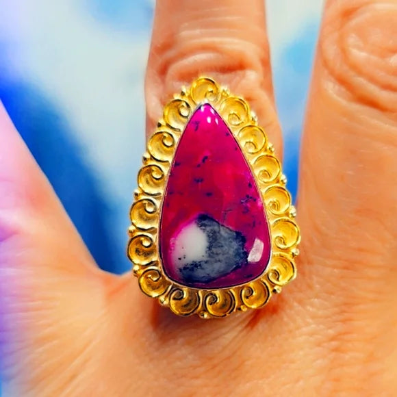 Custom Dyed Dendretic Fuscia Solid Sterling Gemstone Ring