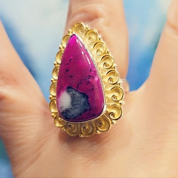 Custom Dyed Dendretic Fuscia Solid Sterling Gemstone Ring