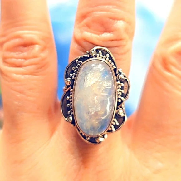 Custom Made Rainbow Moonstone Solid Sterling Gemstone Ring