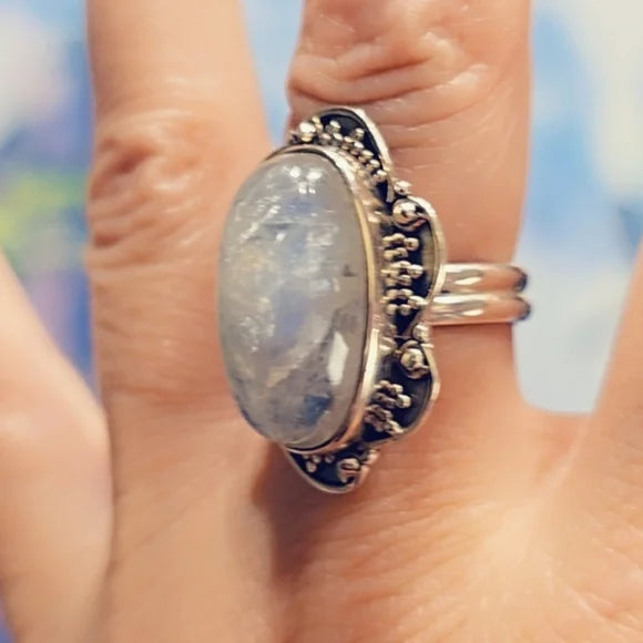 Custom Made Rainbow Moonstone Solid Sterling Gemstone Ring