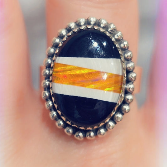 Opal & Onyx Sterling Gemstone Ring