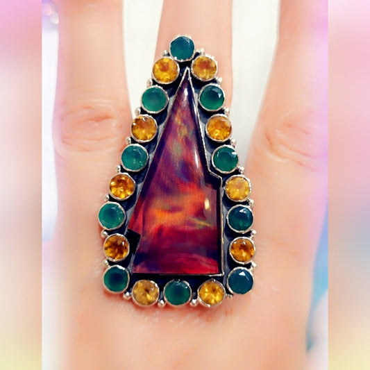 Aurora Opal Lightning Bolt Sterling Gemstone Ring