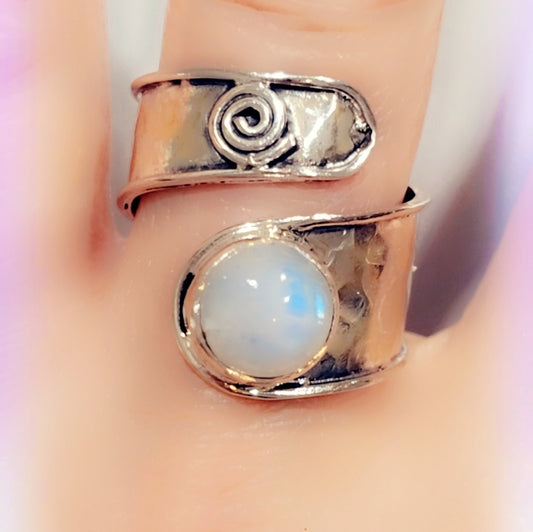 Rainbow Moonstone Free Size Adjustable Sterling Silver Gemstone Ring