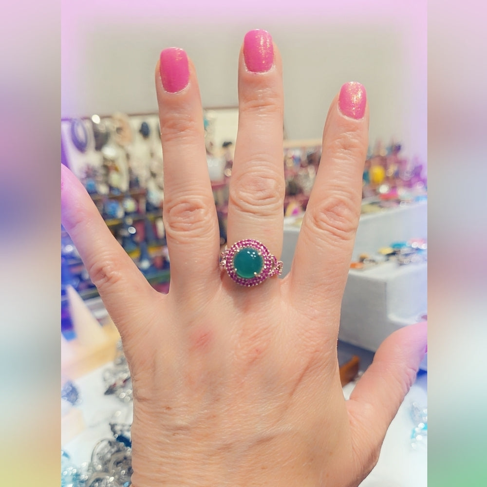 Faceted Green Onyx & Ruby Gemstone Sterling Silver 925 Ring