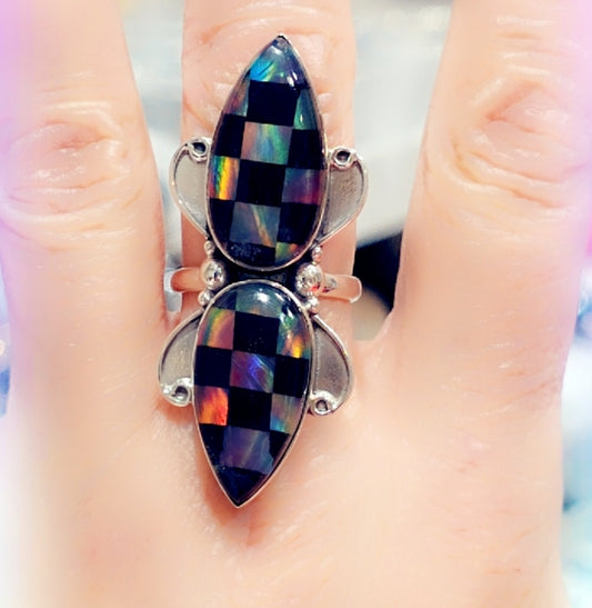Checkerboard Opal Sterling Gemstone Ring sz 8 1/2