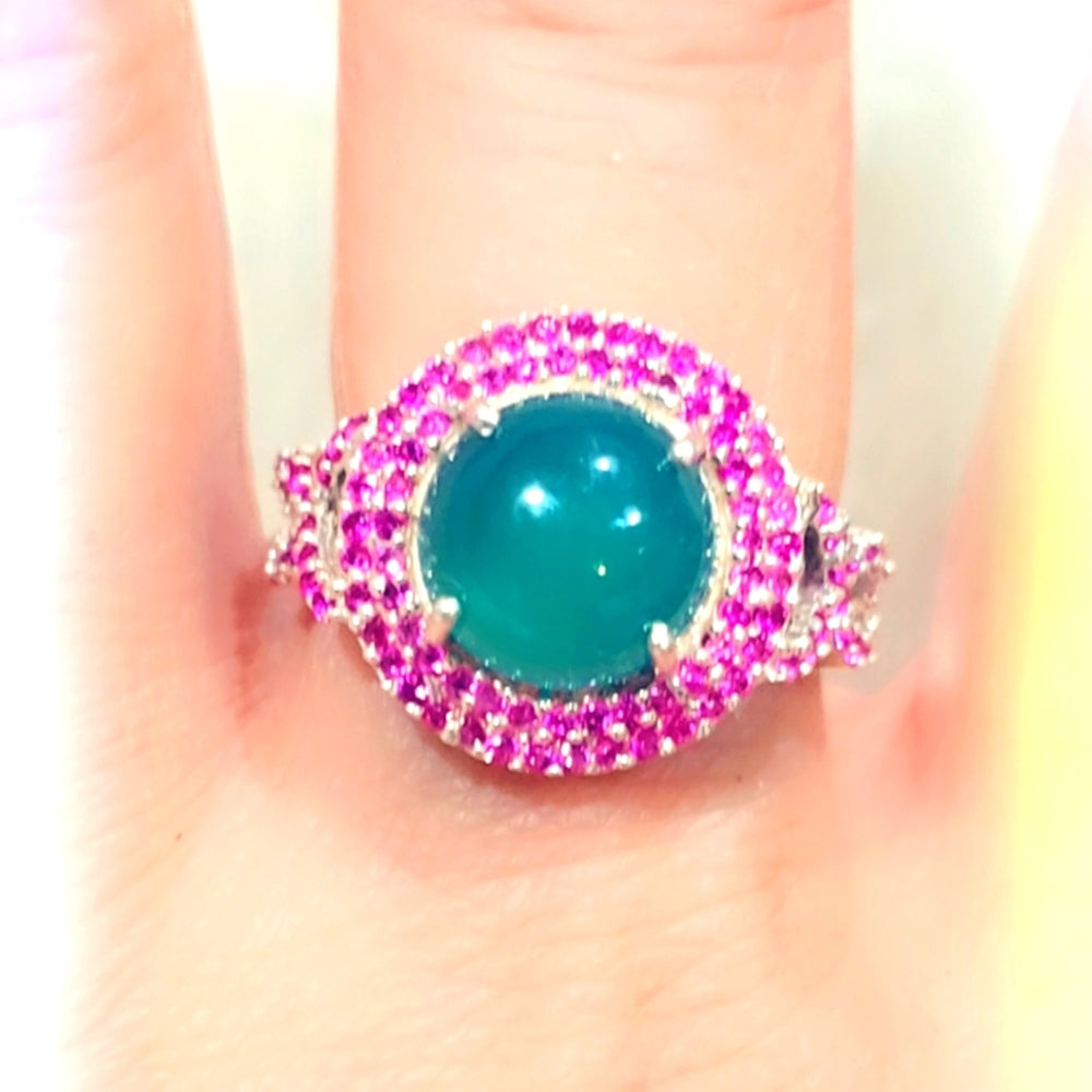 Faceted Green Onyx & Ruby Gemstone Sterling Silver 925 Ring