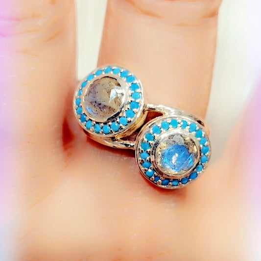 Faceted Labradorite & Turquoise Gemstone Sterling Silver Ring