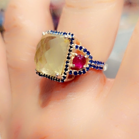 Faceted Citrine, Garnet & Ruby Gemstone Sterling Ring