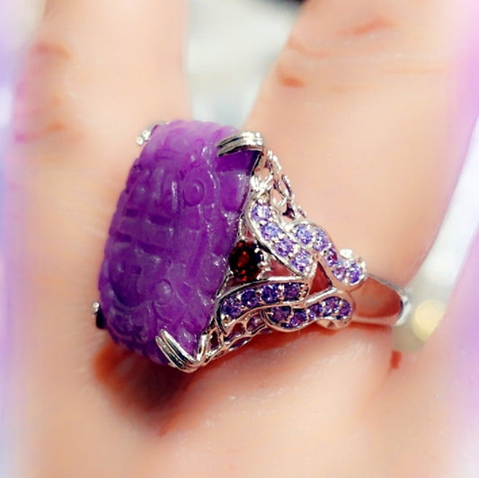 Lavender Jade & Garnet Sterling Gemstone Ring Sz 7