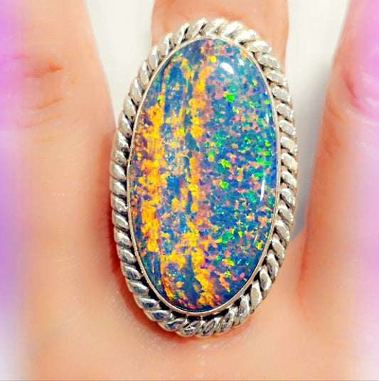 Huge Opal Sterling Silver Gemstone Ring