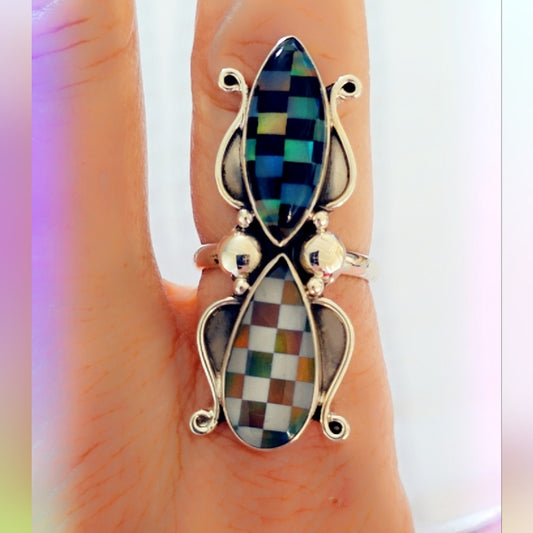 Checkerboard Opal Sterling Gemstone Ring Sz. 8 1/4