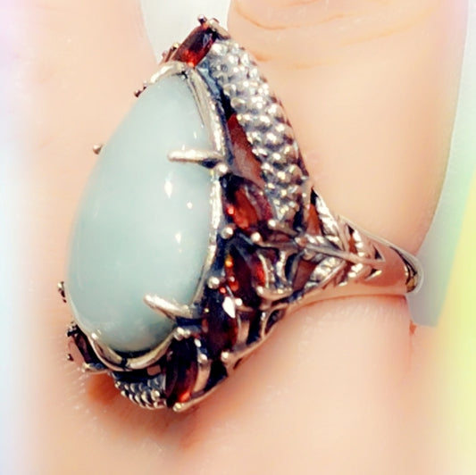 Jade & Garnet Sterling Gemstone Ring Sz. 7