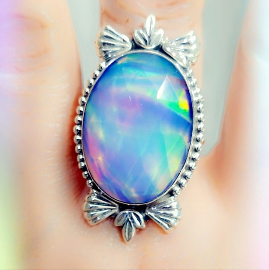 Faceted Aurora Opal Sterling Gemstone Ring Sz. 9 1/4