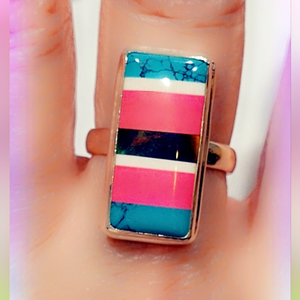 Opal & Turquoise Sterling Gemstone Ring Sz 7