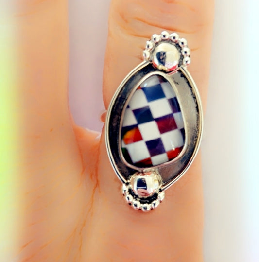 Checkerboard Opal Sterling Gemstone Ring Sz 8 1/2