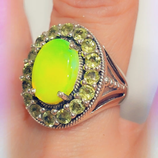 Neon Opal & Peridot Sterling Gemstone Ring Sz. 8