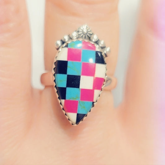 Checkerboard Opal Sterling Gemstone Ring