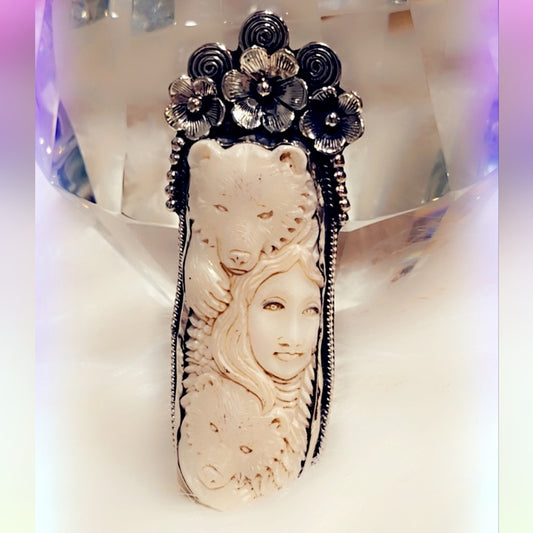 Goddess & Bear Carved Bone Tibetan Pendant
