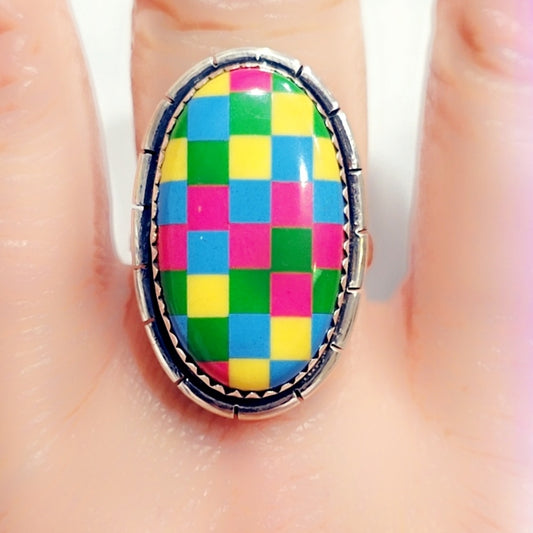 Checkerboard Opal Sterling Gemstone Ring