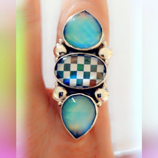 Aurora & Checkerboard Opal Sterling Gemstone Ring