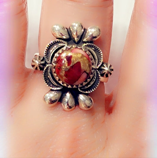 Red Rose Dahlia Sterling Gemstone Ring