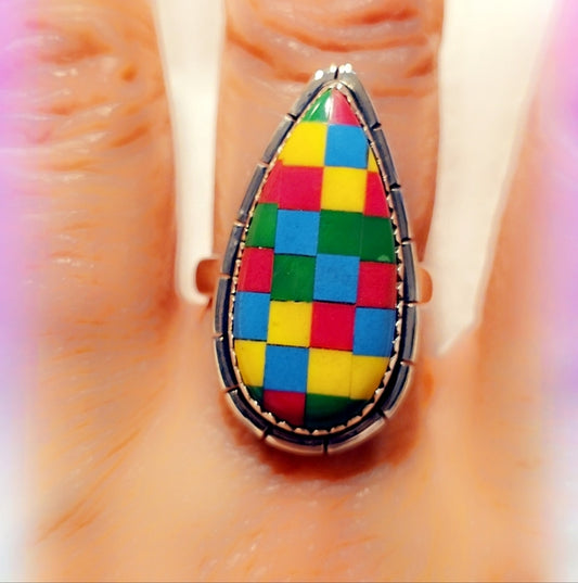Checkerboard Opal Sterling Gemstone Ring