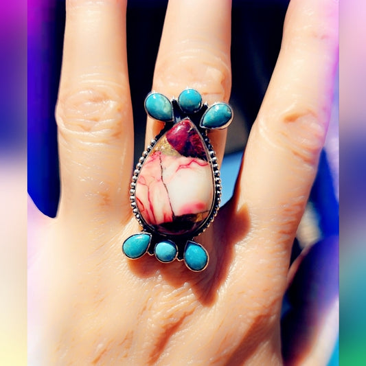Red Rose Dahlia Turquoise Sterling Gemstone Ring