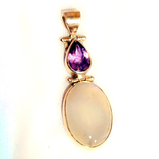 Rainbow Moonstone & Amethyst Sterling Silver Pendant