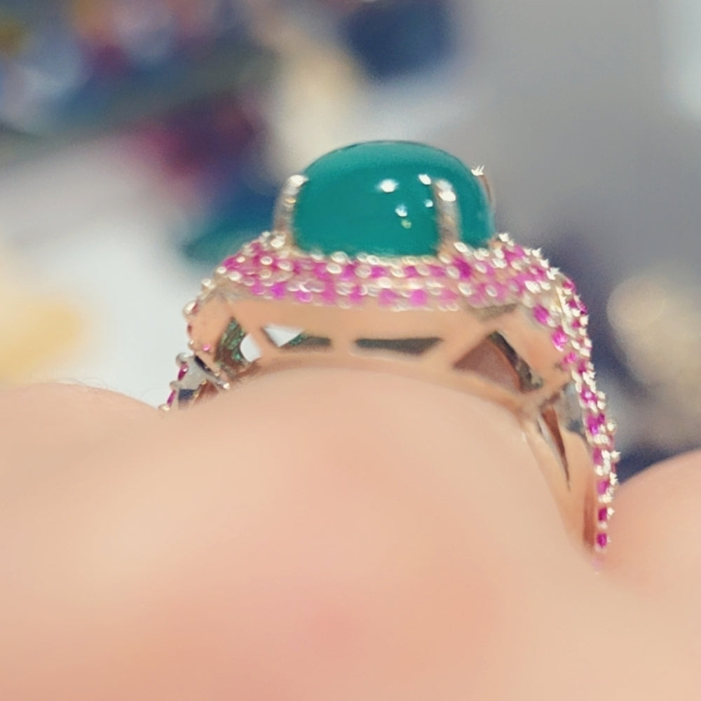 Faceted Green Onyx & Ruby Gemstone Sterling Silver 925 Ring