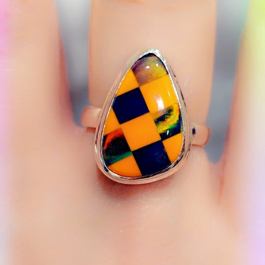 Checkerboard Opal Sterling Gemstone Ring Sz. 7