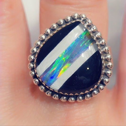 Opal & Onyx Sterling Gemstone Ring
