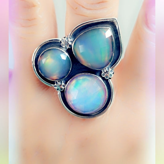 Faceted Aurora Opal Sterling Gemstone Ring