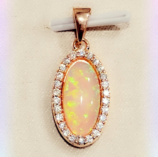 Fire Opal & Cz Sterling Rose Gold Pendant