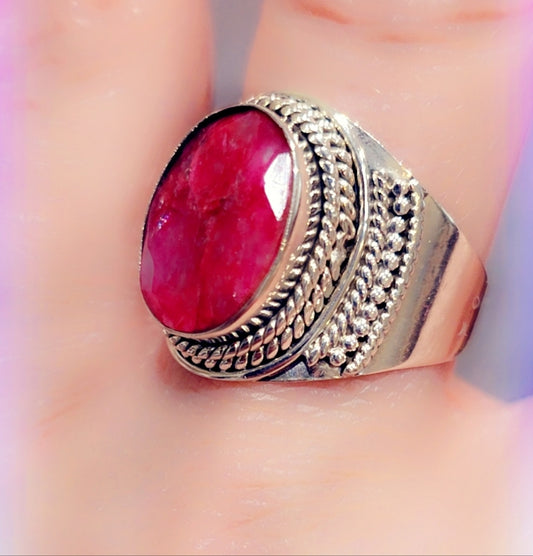 Faceted Ruby Sterling Silver  Gemstone Ring