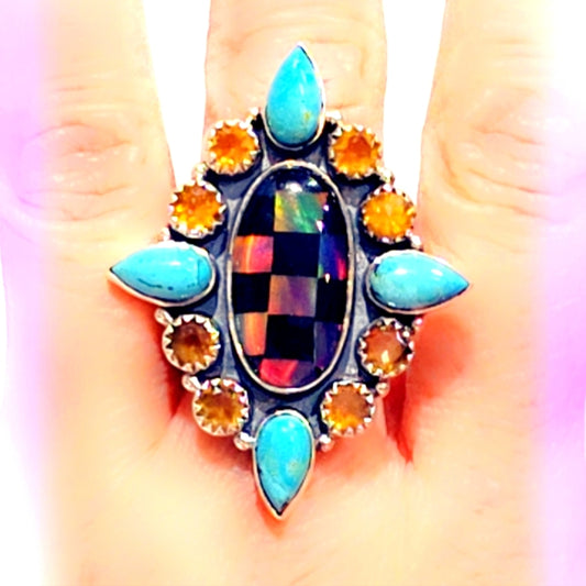 Checkerboard Opal, Turquoise & Citrine Sterling Gemstone Ring