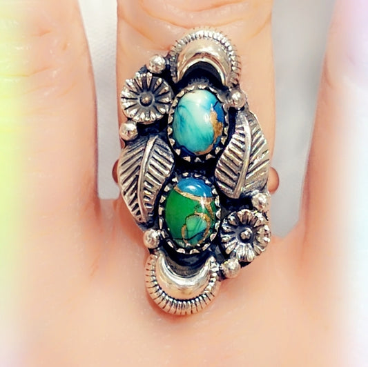 Peacock Dahlia Turquoise Sterling Gemstone Ring