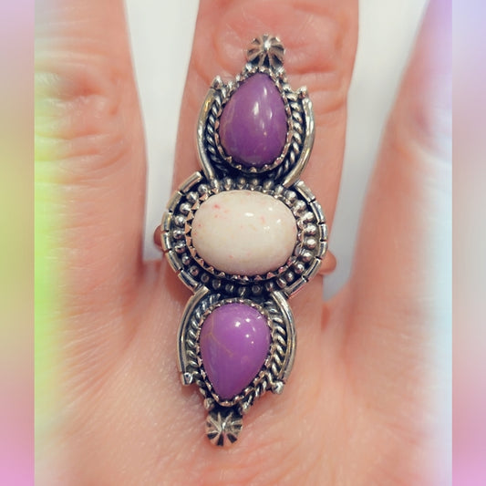 Purpurite & White Cinnabar Sterling Silver Gemstone Ring