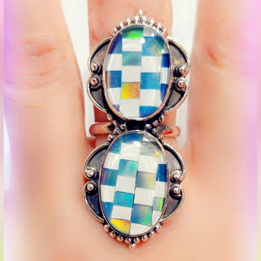 Checkerboard Opal Sterling Gemstone Ring Sz 8 1/2
