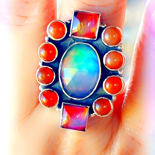 Aurora Opal & Carnelian Sterling Gemstone Ring