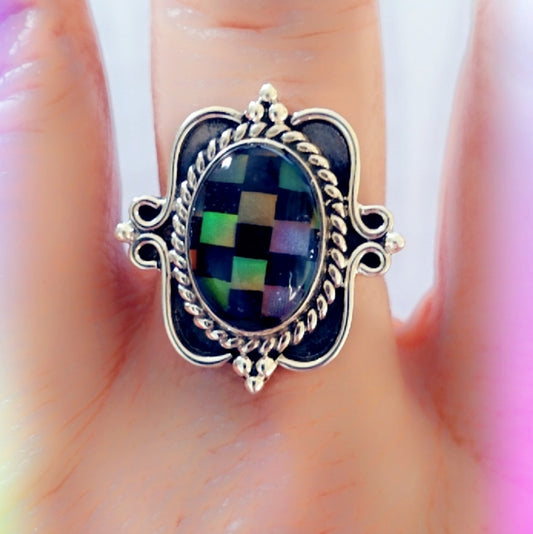 Checkerboard Opal Sterling Gemstone Ring Sz. 7