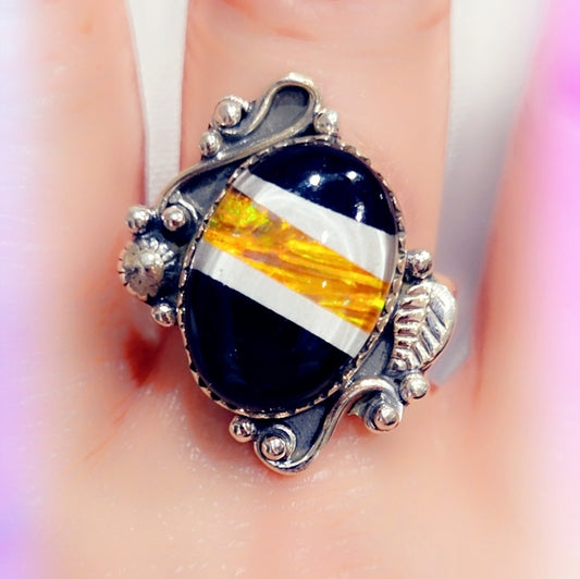 Opal & Onyx Sterling Gemstone Ring