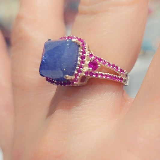Faceted Iolite & Ruby Gemstone Sterling Silver Ring