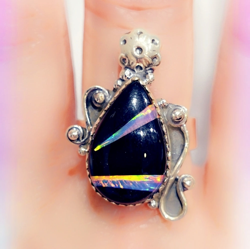 Opal & Onyx Sterling Gemstone Ring